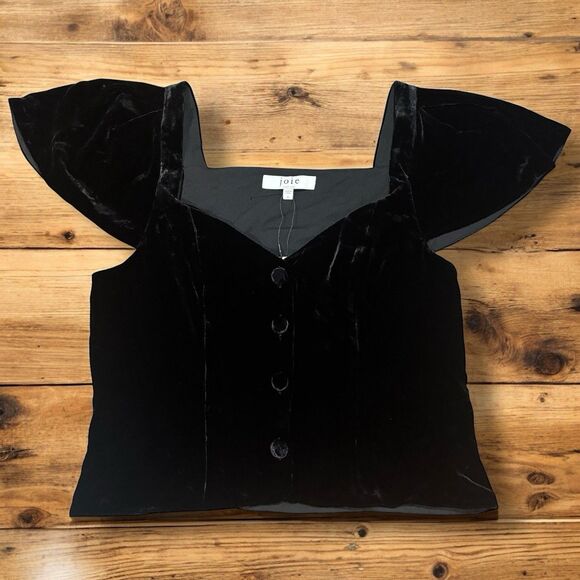 Joie Juniper Black Velvet Button Front Top Size 12 Caviar Flutter Sleeve NWT - Picture 1 of 7